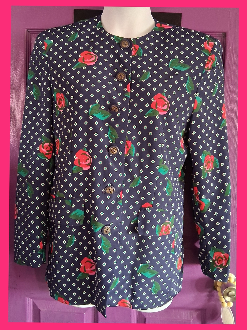 Vintage-Navy Floral Button-Front Blazer Jacket